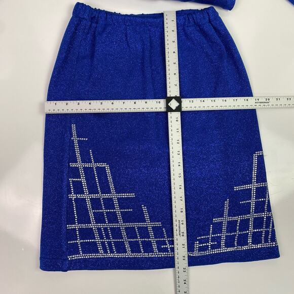 STUNNING rhinestone Donna Vinci Knits Church Skirt Suit 8 Blue Wool Blend Jewels - Picture 14 of 16